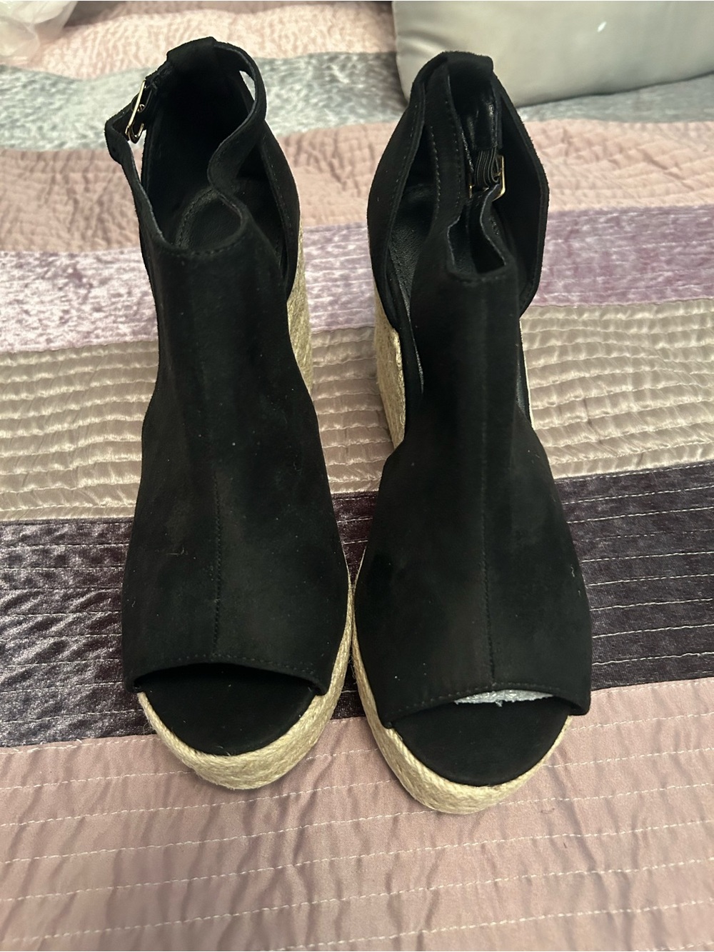 NEW-never worn-Women’s Black Suede Peep-Toe Espadrille Wedge
